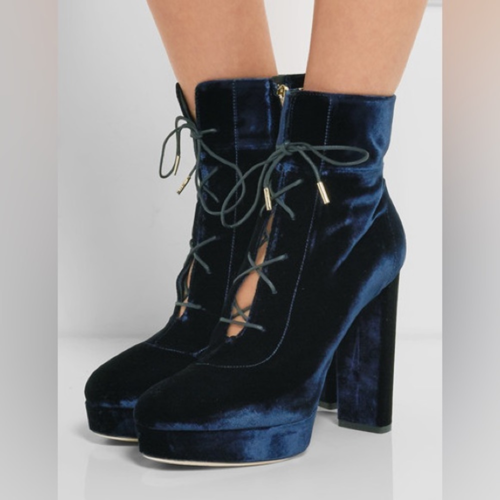 Jimmy Choo Navy Velvet Lace-Up Heeled Boots